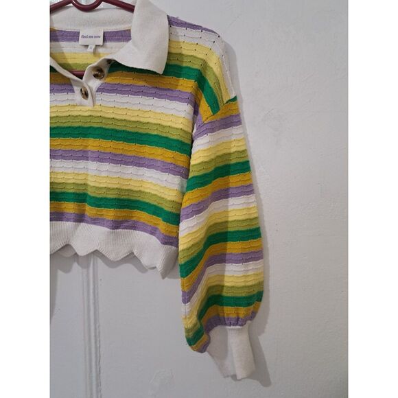 Find Me Now Womens Small sweater peterpan cropped yellow green stripe scallop - Picture 4 of 9